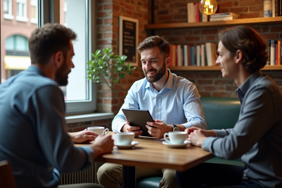Jeune homme partageant idées avec mentors au café
