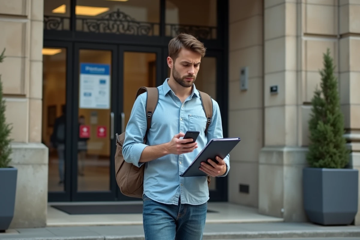 Jeune homme fran&ccedil;ais devant b&acirc;timent officiel