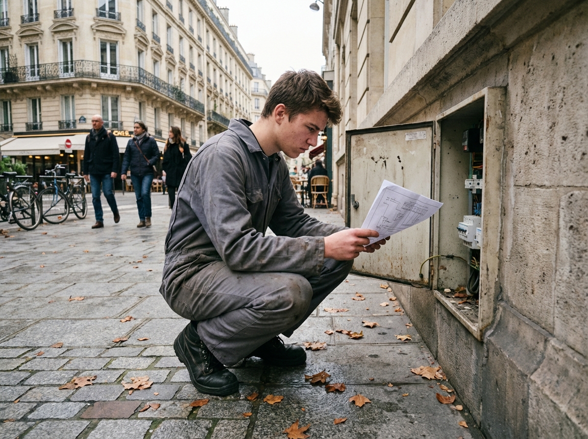 Jeune homme inspecte un panneau électrique dans la rue à Paris