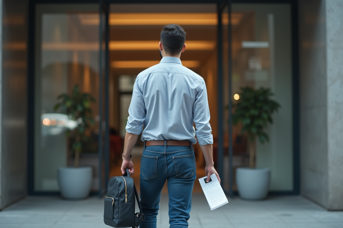 Jeune homme entrant dans un bureau avec une note médicale