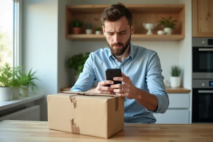 Jeune homme en cuisine photographiant un colis d&eacute;chir&eacute;