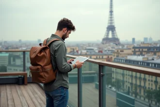 Jeune homme avec sac minimaliste sur rooftop parisien