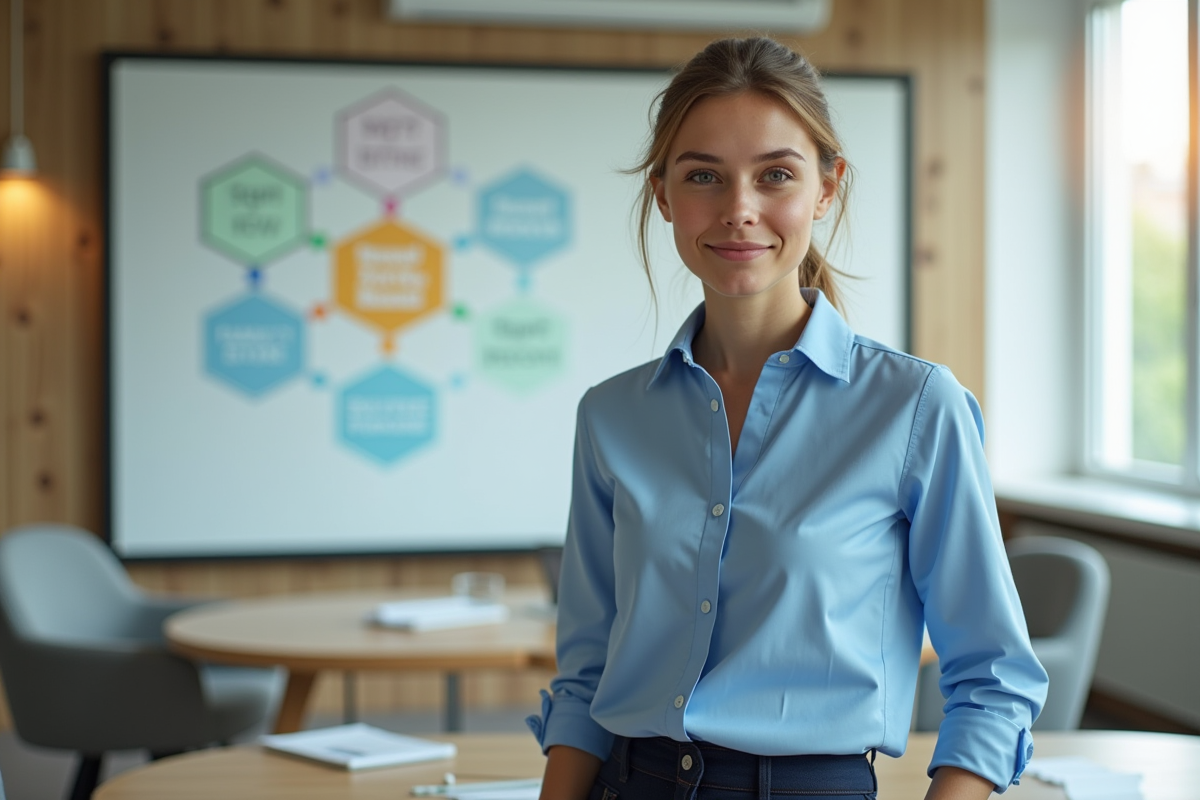 Jeune femme responsable qualité devant un tableau blanc avec diagrammes colorés