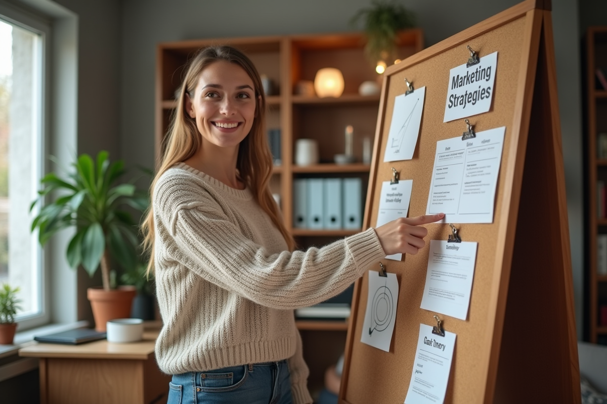 Jeune femme en marketing pointant un tableau de stratégies