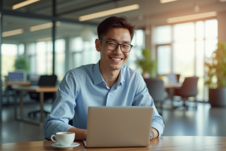 Jeune professionnel souriant dans un bureau moderne