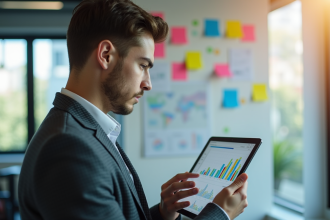 Jeune professionnel analysant des graphiques sur une tablette dans un bureau lumineux