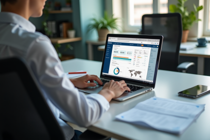 Jeune professionnel travaillant sur un laptop avec HubSpot à l'écran