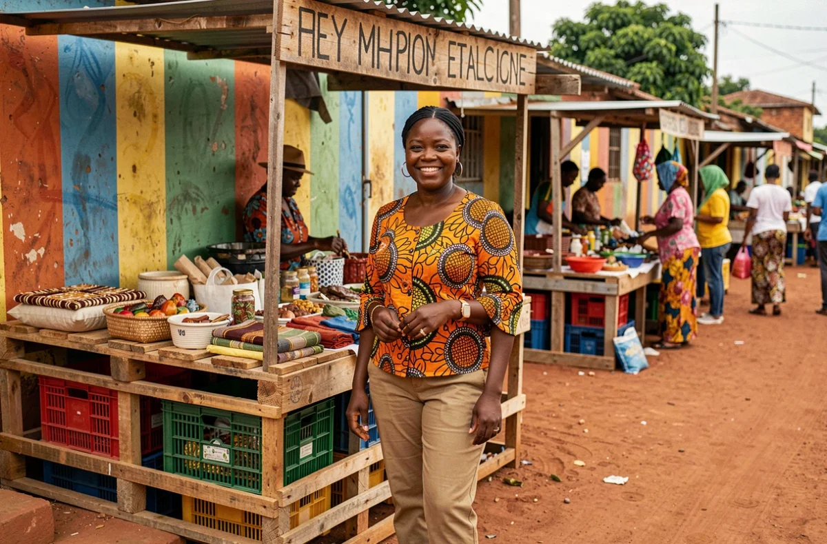 Femme entrepreneur africaine gérant un stand de marché informel avec des produits upcyclés, illustrant l'innovation jugaad en période de crise économique