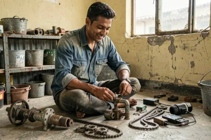 Ingénieur autodidacte pratiquant le jugaad en assemblant un dispositif artisanal à partir de pièces récupérées dans un atelier modeste