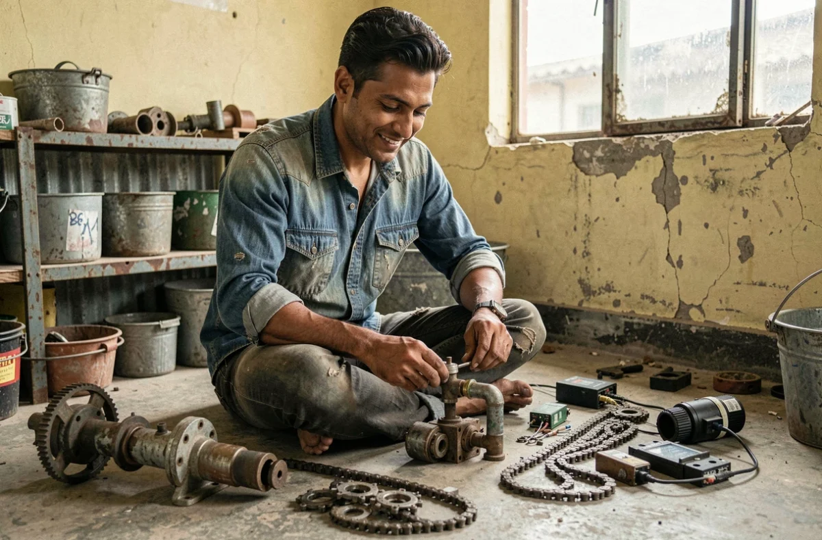 Ingénieur autodidacte pratiquant le jugaad en assemblant un dispositif artisanal à partir de pièces récupérées dans un atelier modeste