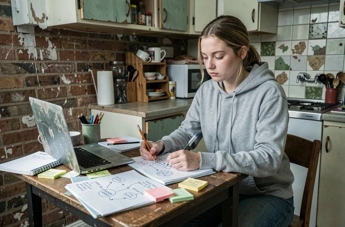 Jeune femme développant une stratégie d'innovation frugale jugaad dans son appartement, entourée de carnets de notes et de diagrammes manuscrits