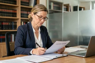 Femme juriste consultant des documents de propriété intellectuelle dans un bureau professionnel en France
