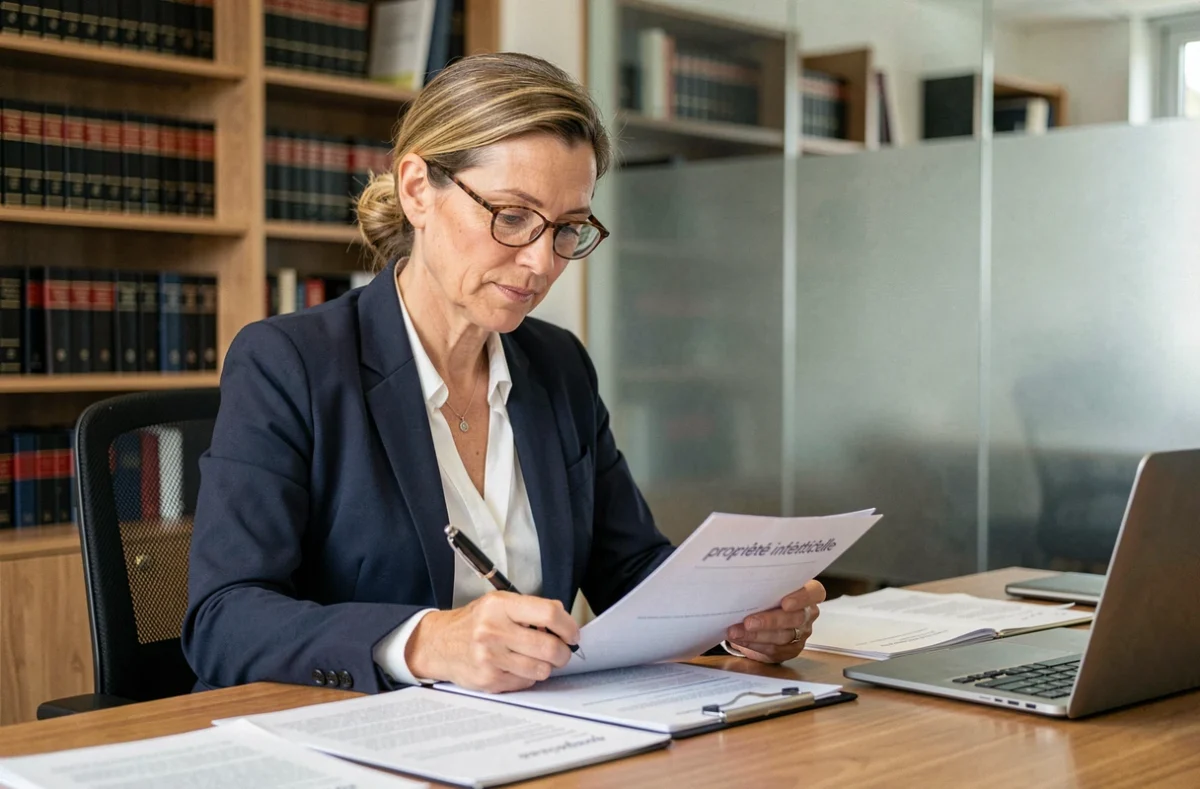 Femme juriste consultant des documents de propriété intellectuelle dans un bureau professionnel en France