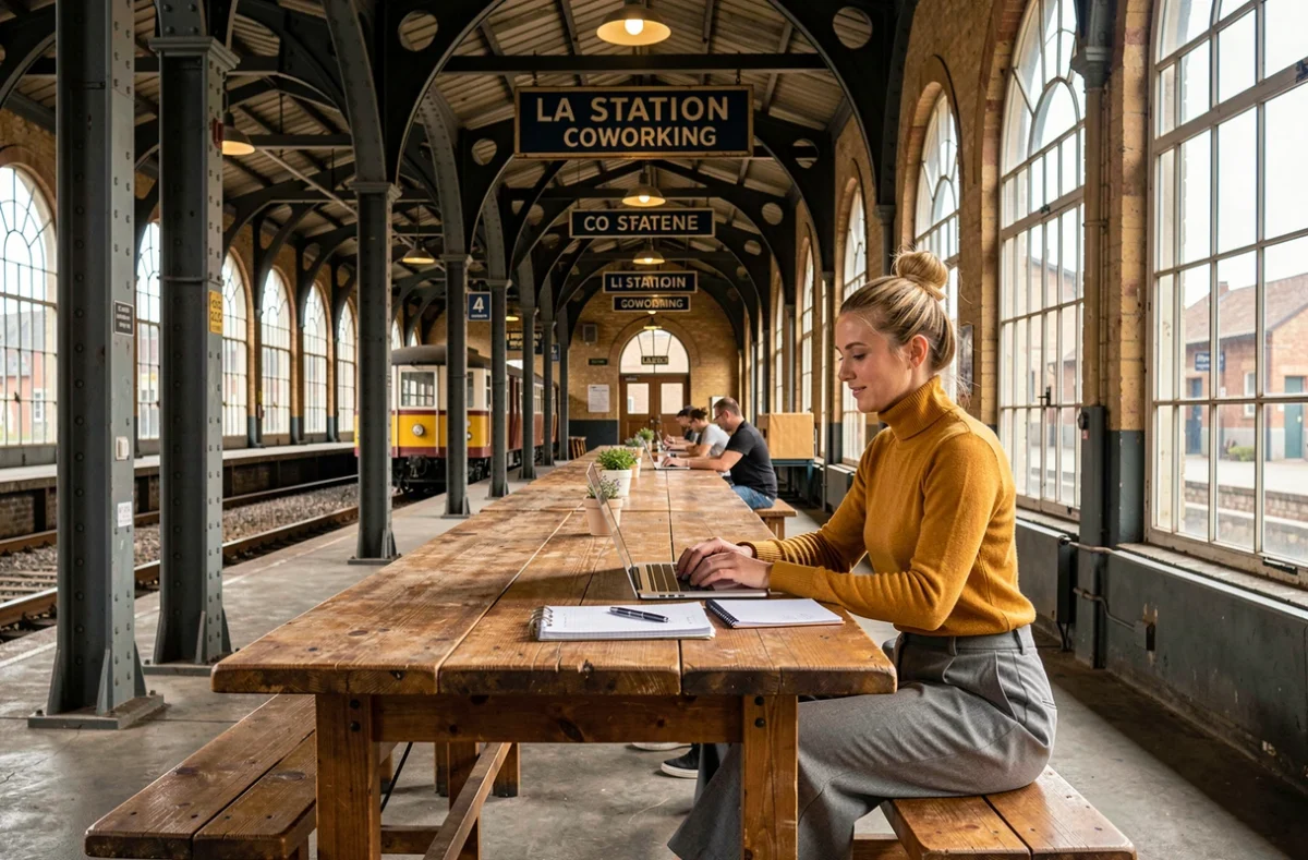 La Station Coworking aménagée dans une ancienne gare avec colonnes en fer et grandes fenêtres en arche