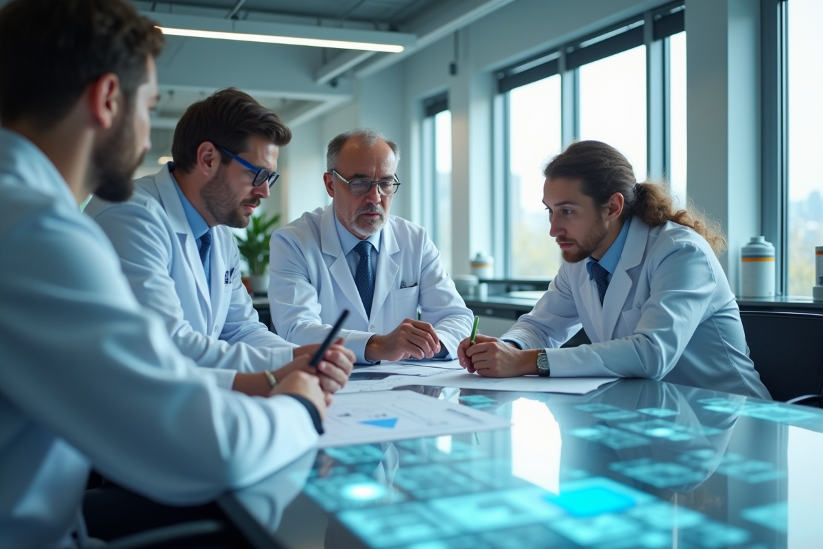 Laboratoire moderne avec scientifiques collaborant