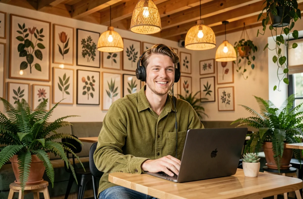 Le Nichoir Coworking dans un espace chaleureux avec poutres en pin, plantes vertes et illustrations botaniques