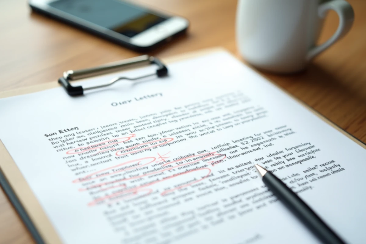 Gros plan d'une lettre de motivation pour un travail d'été annotée en rouge avec des corrections et erreurs marquées sur un bureau blanc