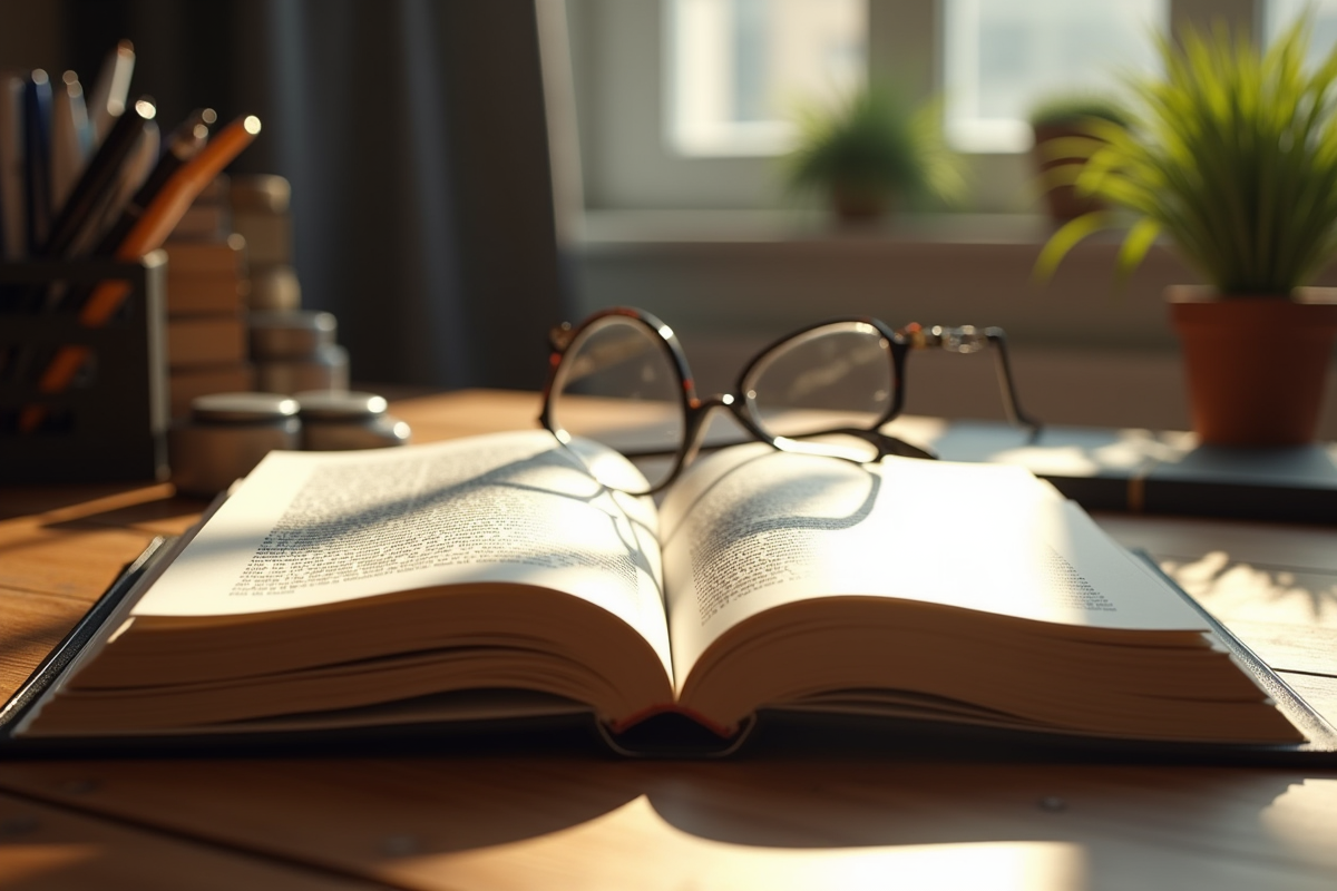 Livre de droit ouvert sur un bureau en bois avec lunettes et stylos