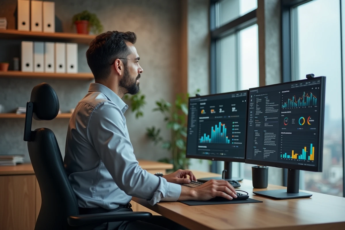 Gestionnaire RH analysant des données de paie et de gestion du personnel sur un logiciel RH
