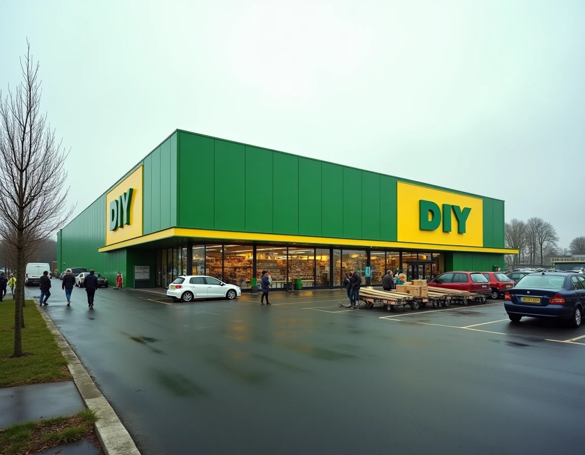 Vue extérieure grand angle d'un magasin Leroy Merlin moderne en zone commerciale française avec clients et chariots