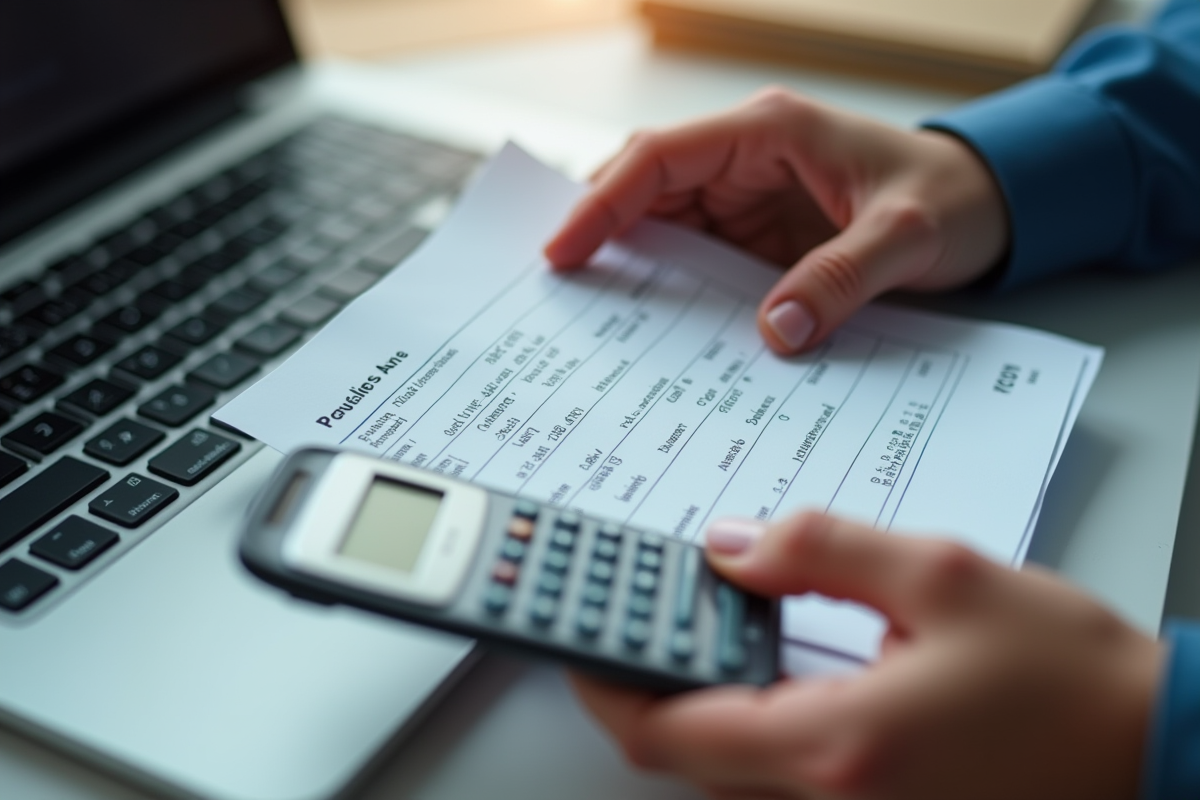 Mains tenant une calculatrice et fiche de paie avec bureau