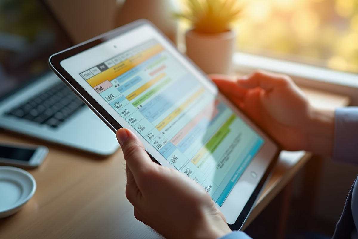 Mains tenant une tablette avec planning coloré