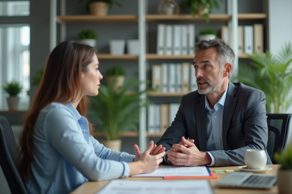 Manager homme &eacute;coute une femme en r&eacute;union professionnelle