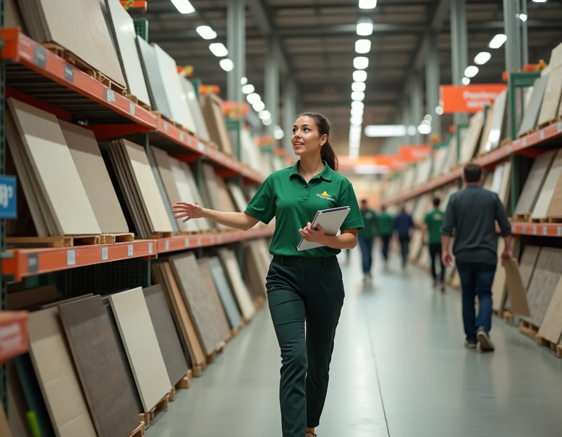 Manager féminine en magasin Leroy Merlin supervisant l'agencement du rayon carrelage dans une grande surface de bricolage française