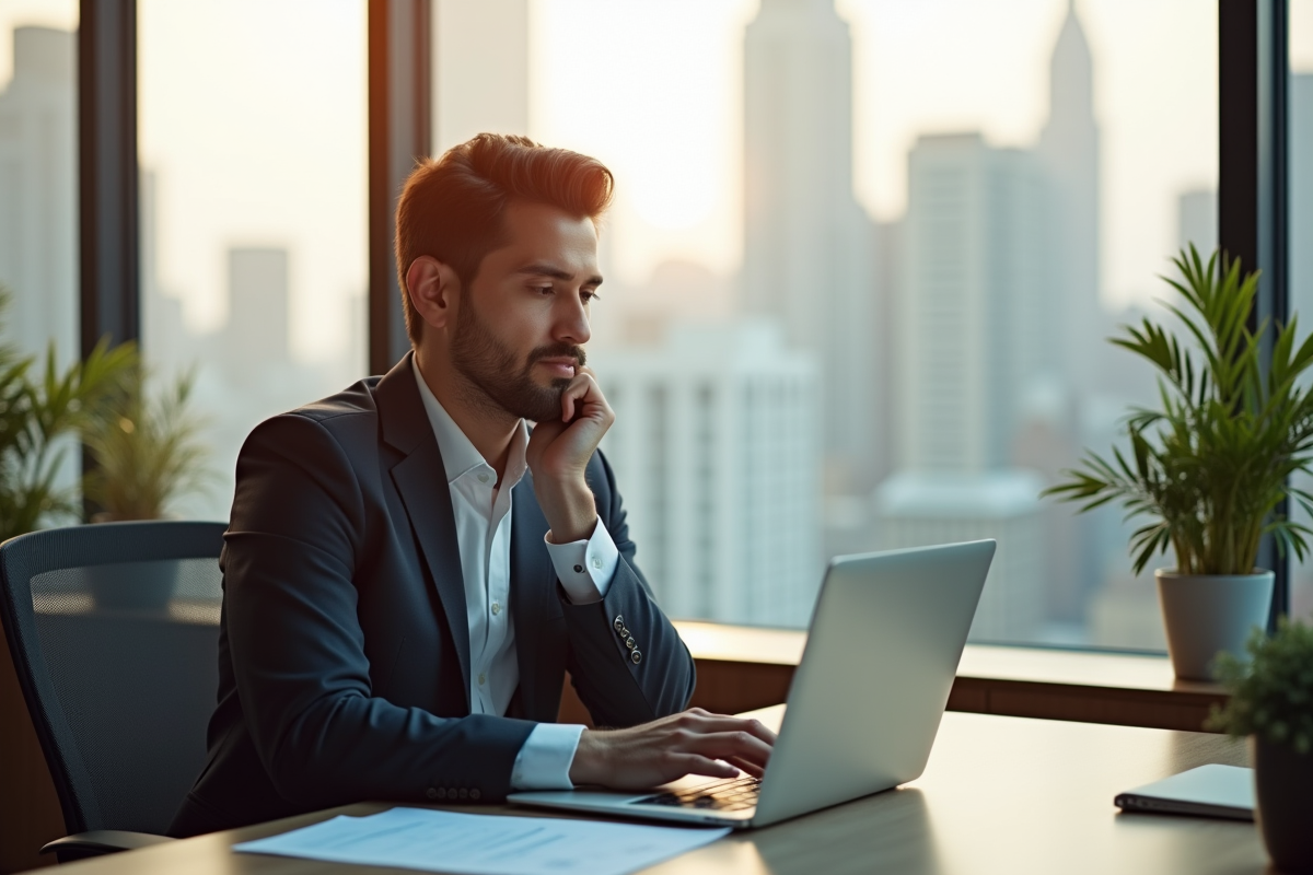 Manager RH travaillant seul dans un bureau ensoleille