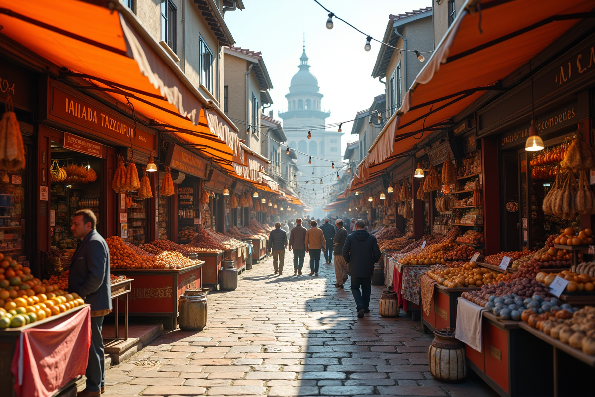 Marché en plein air divise en quatre sections avec produits variés