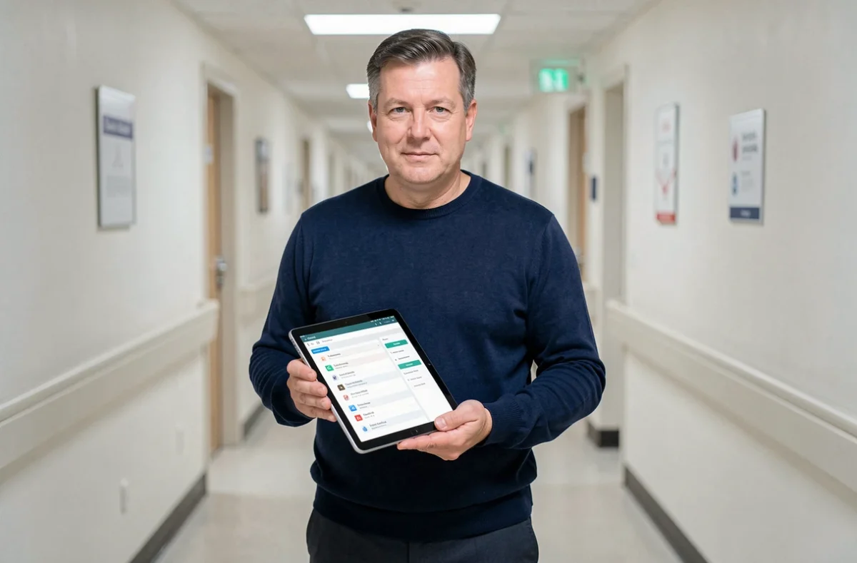 Médecin consultant un dossier de santé numérique sur tablette dans un couloir d'hôpital