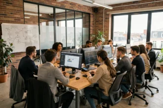 Équipe d'une agence web moderne à Toulouse travaillant ensemble dans un espace de travail collaboratif avec des écrans affichant des maquettes de sites web