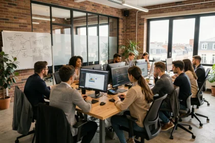 Équipe d'une agence web moderne à Toulouse travaillant ensemble dans un espace de travail collaboratif avec des écrans affichant des maquettes de sites web