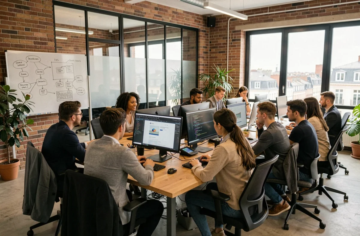 Équipe d'une agence web moderne à Toulouse travaillant ensemble dans un espace de travail collaboratif avec des écrans affichant des maquettes de sites web