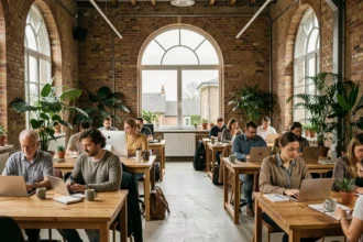 Vue panoramique d'un espace de coworking en Normandie avec des professionnels travaillant dans un cadre industriel rénové