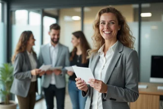 Collègue recevant une carte de départ entourée de ses collègues dans un bureau moderne