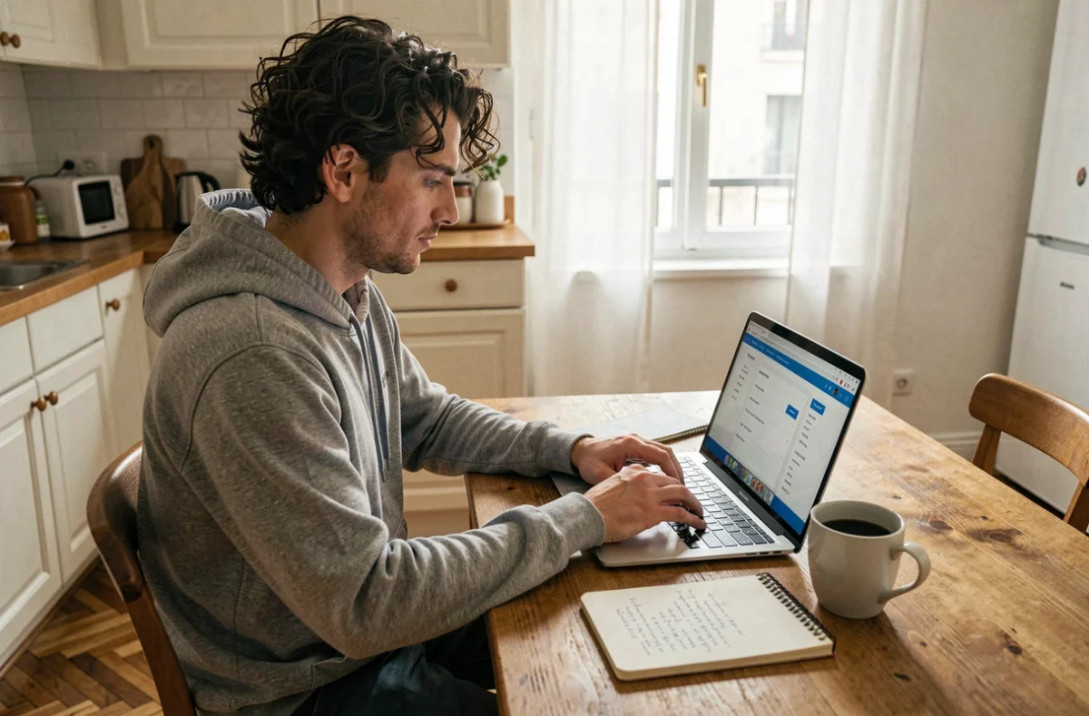 Micro-entrepreneur travaillant sur la domiciliation en ligne de son entreprise individuelle depuis son appartement