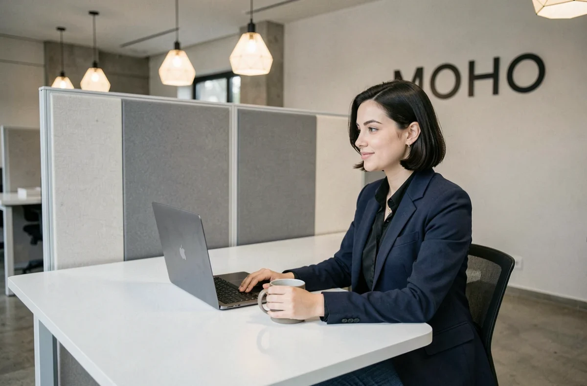Espace de coworking MOHO avec une professionnelle travaillant à un bureau minimaliste dans un cadre contemporain
