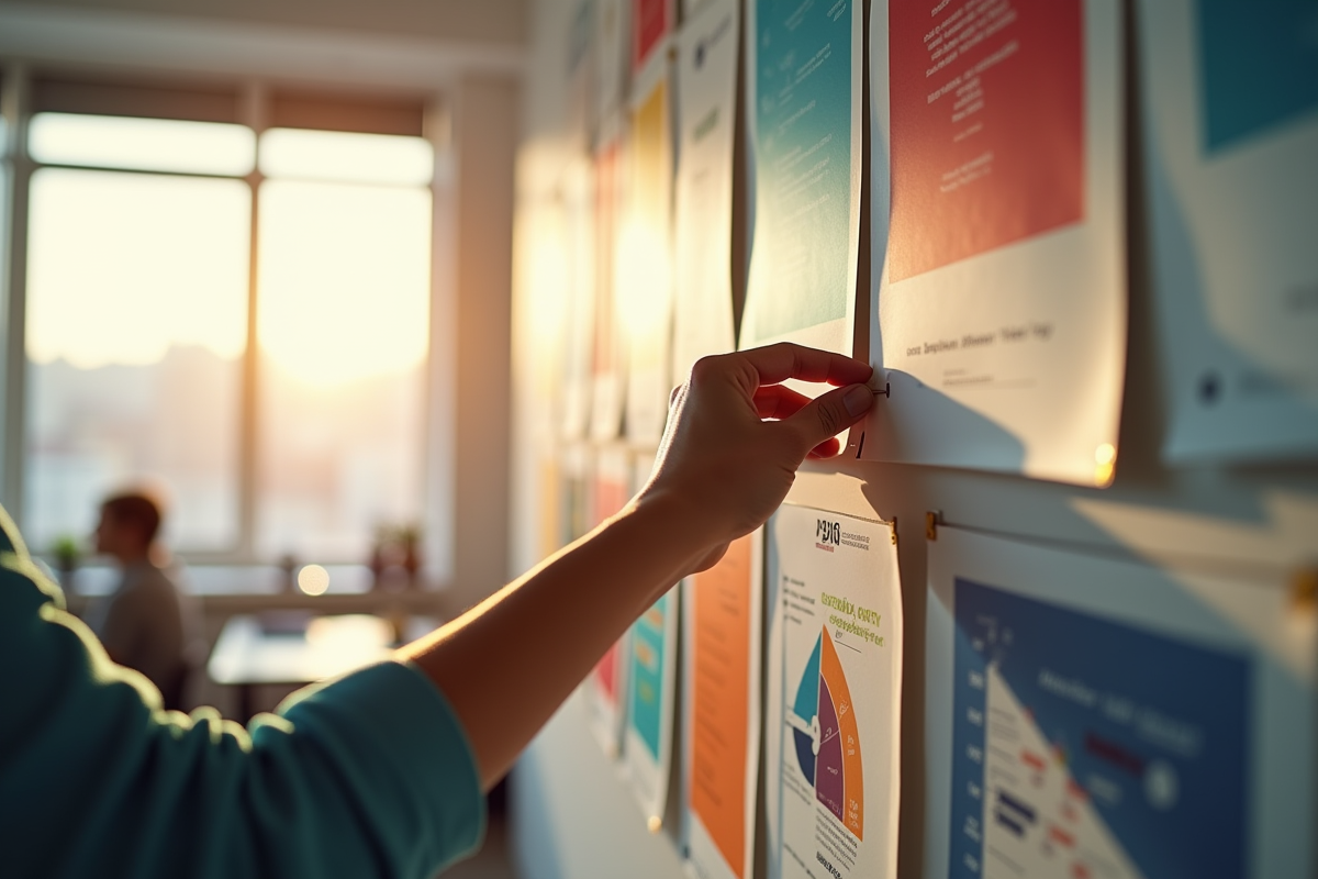 Mur d affiches artistiques avec personne pinçant un poster