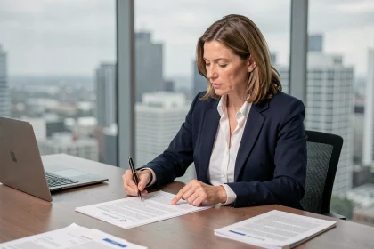 Femme d'affaires examinant un contrat Incoterms DDP dans une salle de réunion moderne