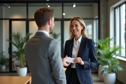 Deux professionnels échangeant des cartes de visite lors d'un événement de networking B2B dans un espace de coworking moderne