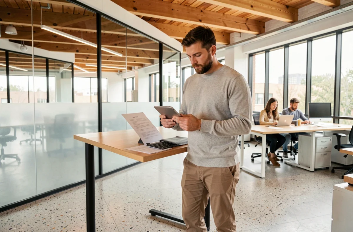 Espace NOW Coworking avec un professionnel debout à un bureau ajustable dans un open space lumineux