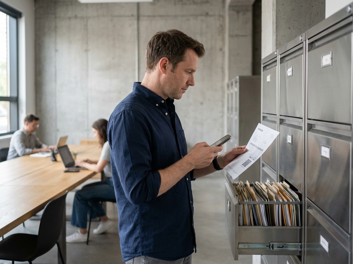 Homme d'affaires numérisant une facture avec son smartphone devant un classeur métallique dans un bureau moderne en open space