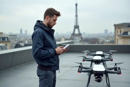 Jeune op&eacute;rateur logistique surveillant des drones &agrave; Paris