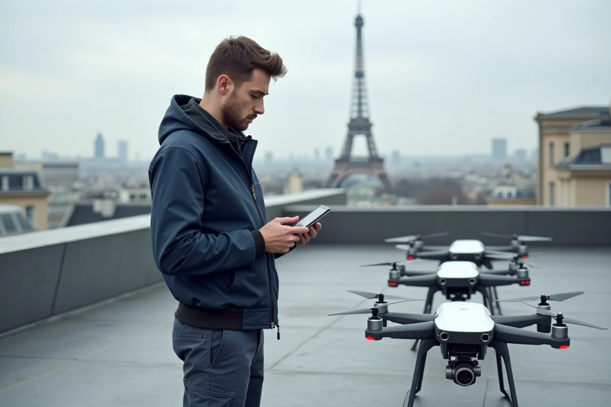Jeune opérateur logistique surveillant des drones à Paris