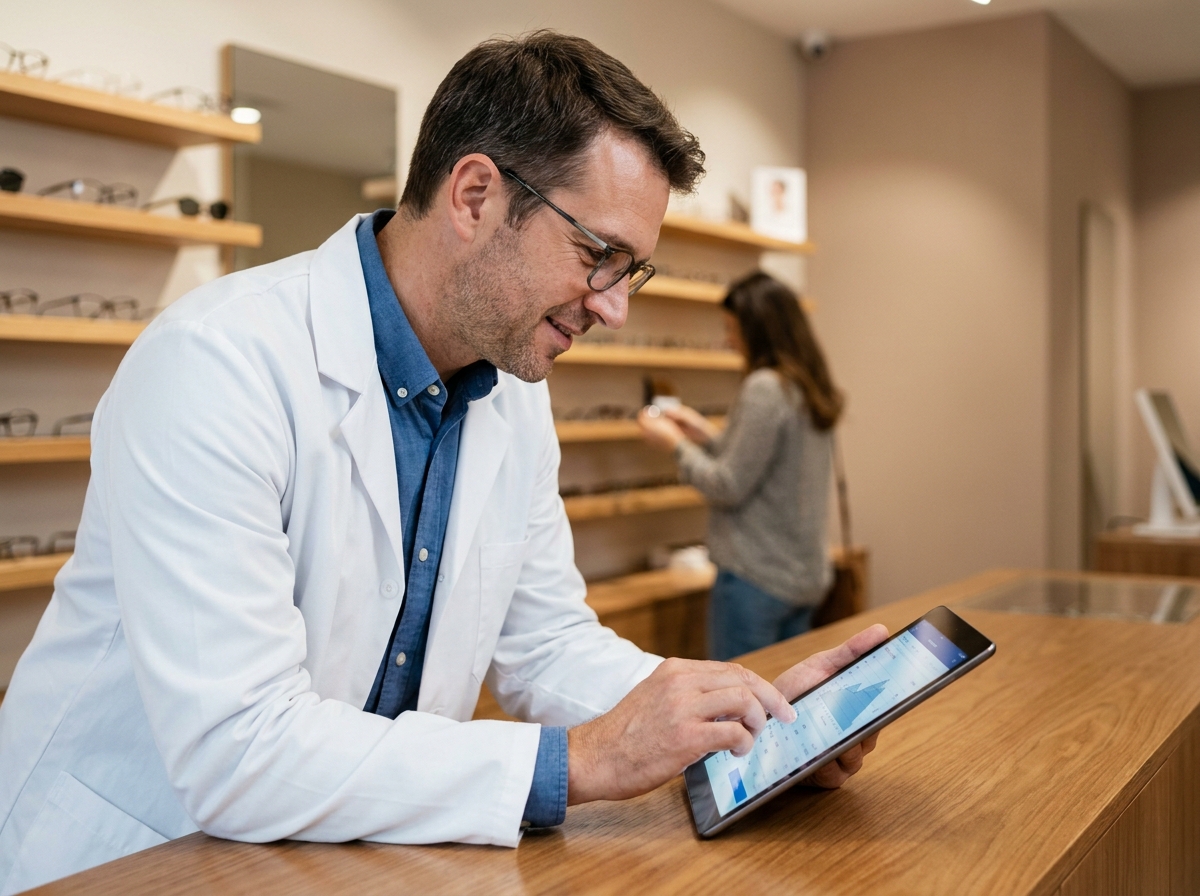 Opticien consultant une plateforme partenaire en ligne dans sa boutique d'optique moderne