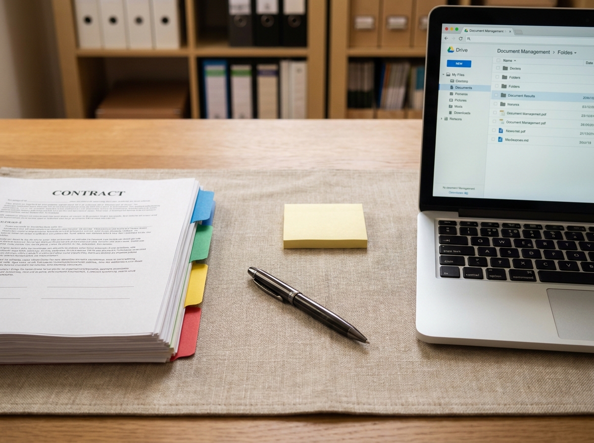 Vue rapprochée d'un bureau organisé avec des contrats empilés, des intercalaires colorés et un ordinateur portable affichant une interface de gestion documentaire