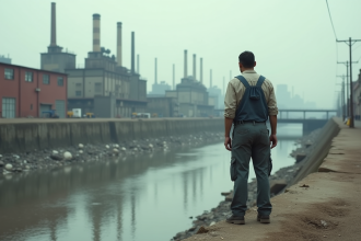 Homme d'âge moyen regardant un fleuve industriel pollué