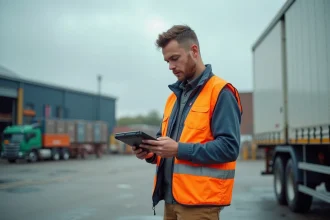 Homme en vestiaire haute visibilité utilisant une tablette sur un chantier