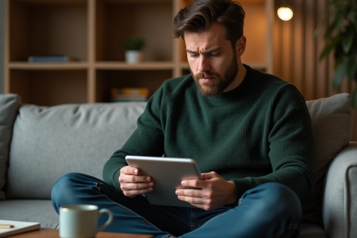 Jeune homme complétant la configuration de son espace personnel TERCIEL sur une tablette depuis son domicile